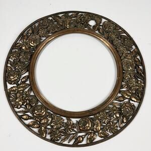 Antique Victorian Copper Plated Round Floral Mirror Picture Frame Patina Heavy